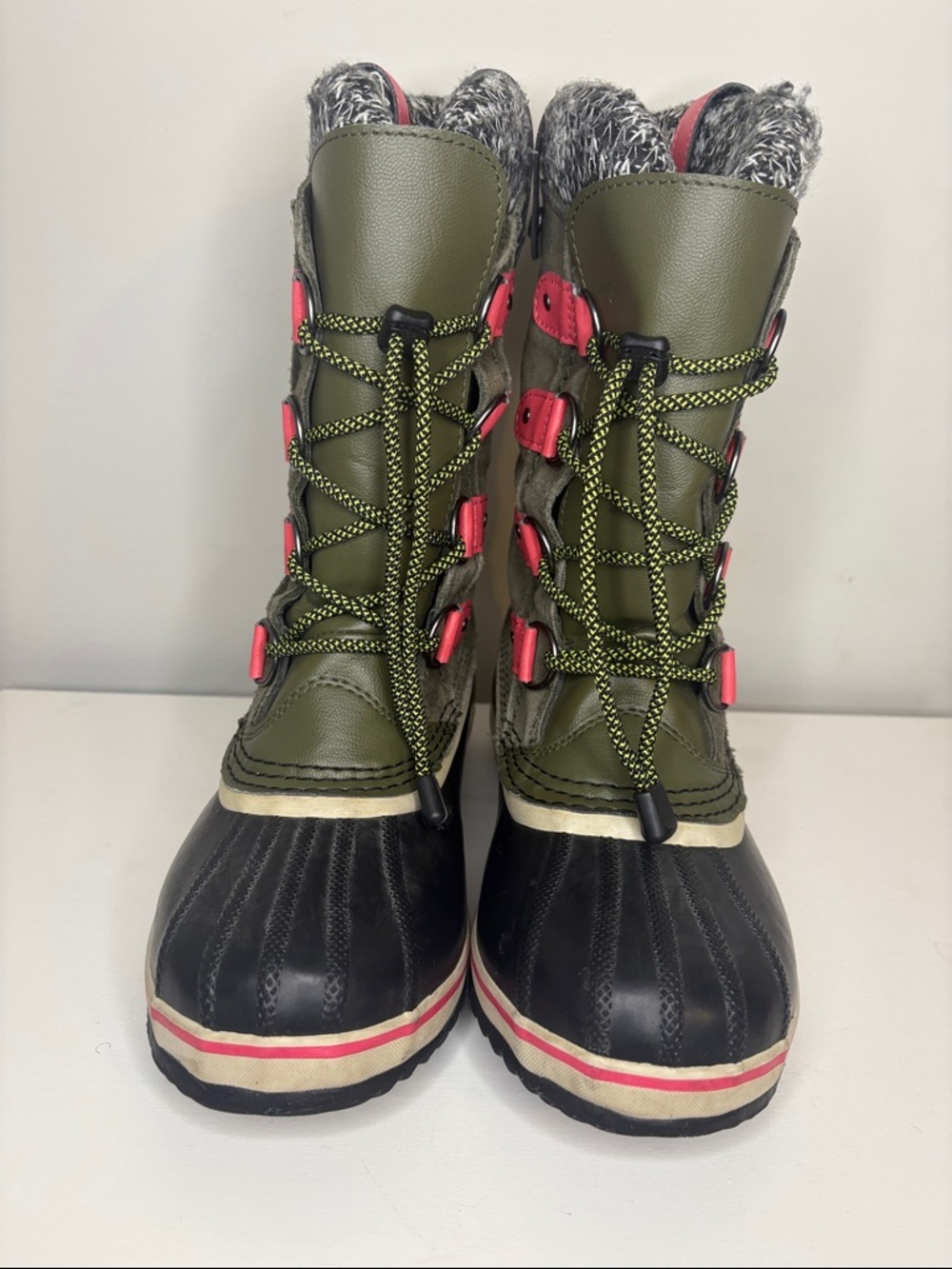 Sorel Olive Green, Black & Pink Winter Rain Boots